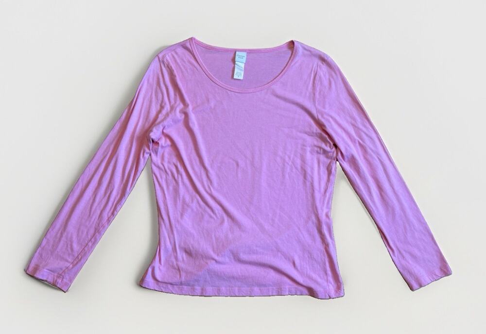 Garnet Hill Weekender Crewneck Long Sleeve Tee Shirt Pink Sz Medium 100% Cotton